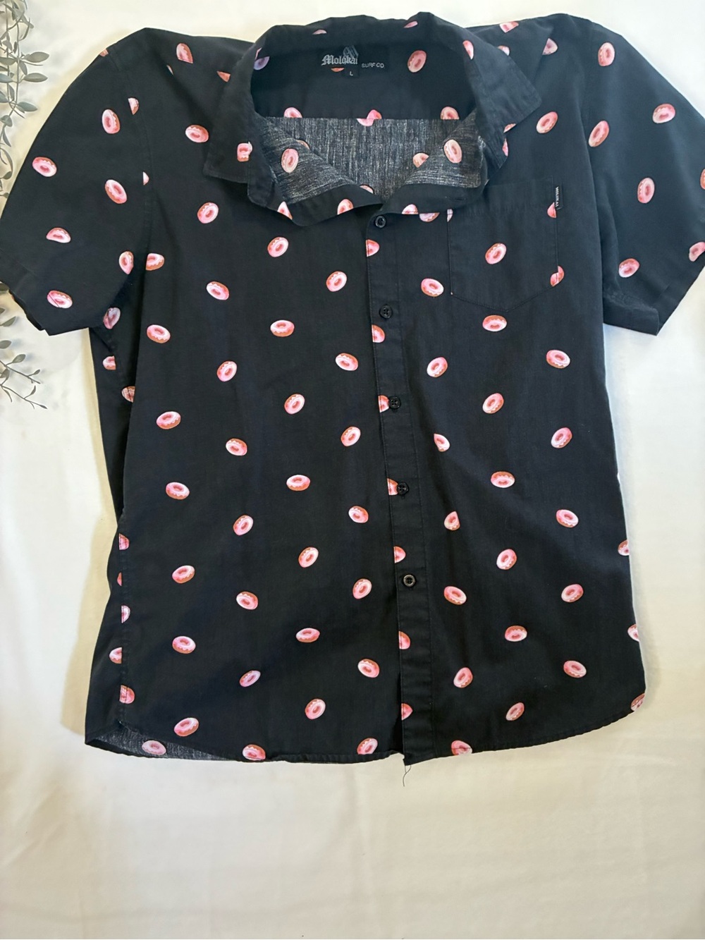 Molokai surf co Black Short-Sleeve Button-Down Shirt with pink iced donuts